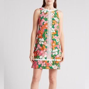 Eliza J Mod Floral Lace Trim Shift Dress Size 16 Pink Green 60’s Sleeveless. G24